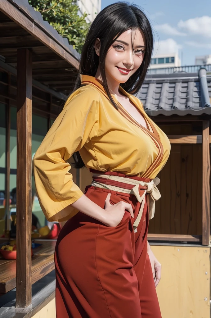 1female, Hyuga Hanabi from anime Naruto Shippuden, long black hair, beautiful detailed eyes with Byakugan, beautiful smile, wearing yellow clothes, red lips, city background, ultra-detailed, realistic