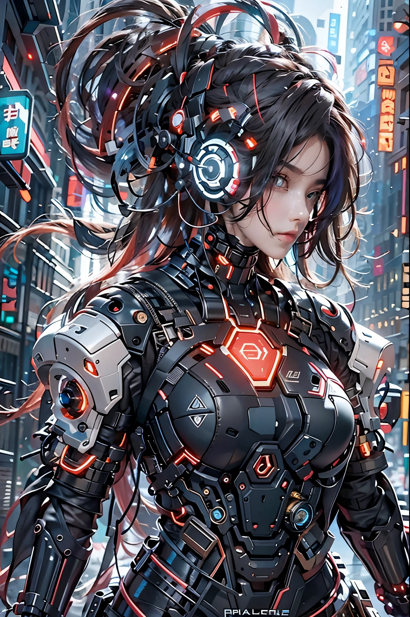 best quality，masterpiece，16k，1girl,Cyberpunk,headset,Mechanical earphones,Luminous earphones,Fragmented mechanical jewelry,Technological background,Positive close-up,Robot arm,The mechanical structure of the earpiece resembling a handgun,Slightly exposed chest,Multi light source earphones,Earphones with super complex mechanical structures,Multi light source neck protection,Emit red light,Strange shaped mechanical earphones,Super complex mechanical earphones,Black mechanical armor,Full body multiple light source points,Urban background,Multi light source background,skyscraper,night