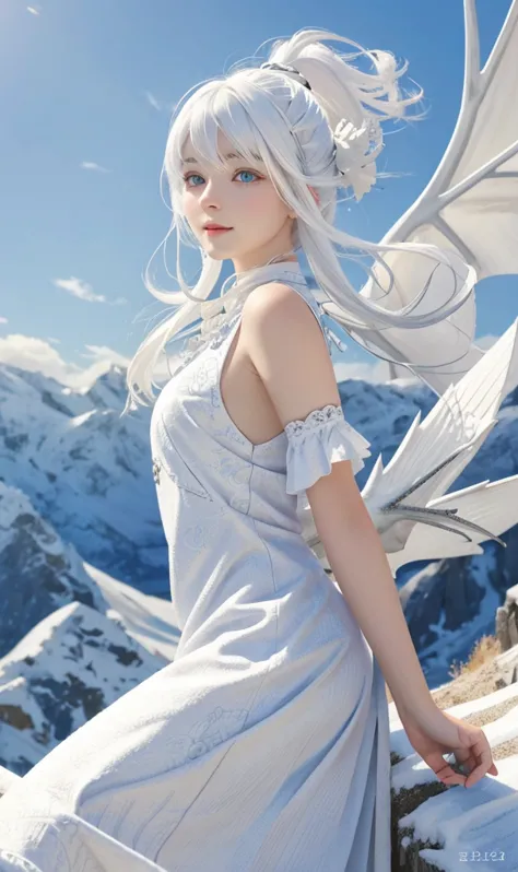 A little white dragon flying in the valley with beautiful white hair