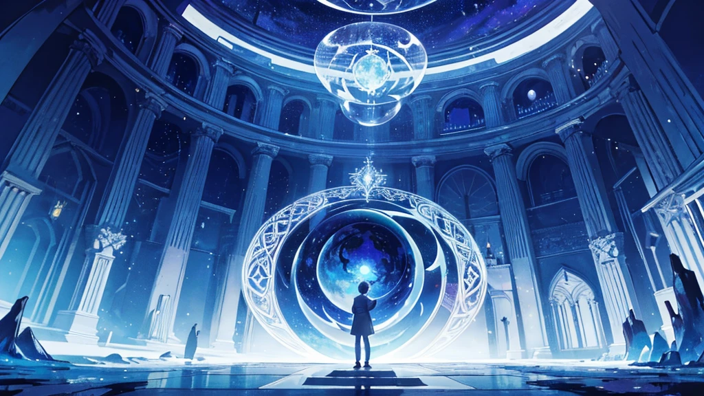 Fantasy,Symmetry,starry night,the dream lands,Round library,Large Crystal Tree,a lot of iridescence sphere,celtic,Dark,Night,deserted palace,moon,shoot from below