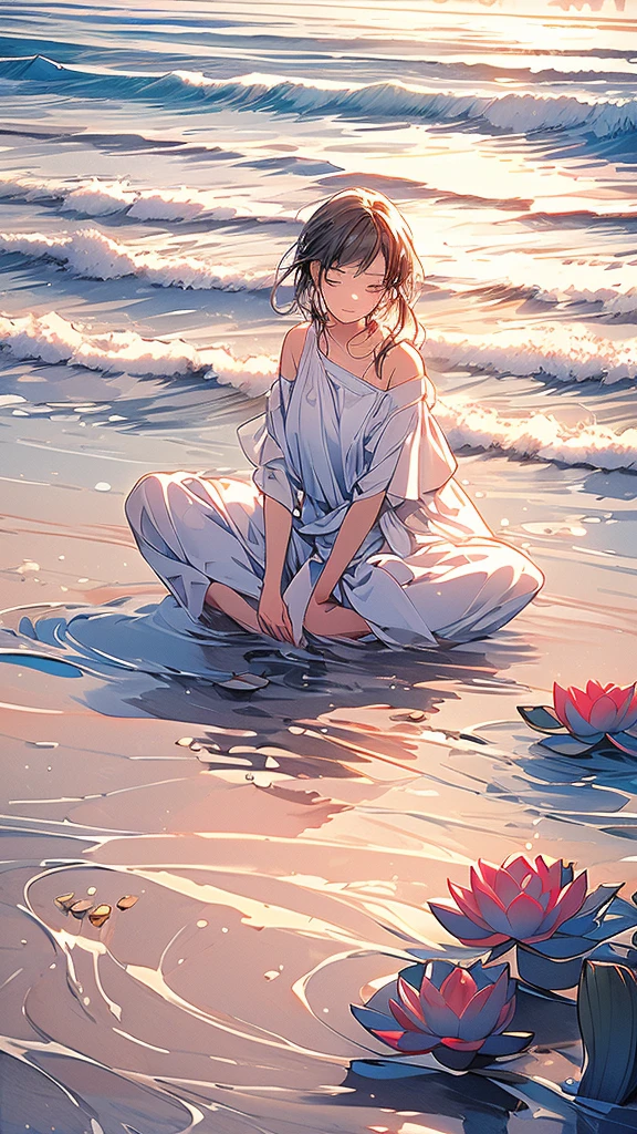 ((((High-res high-quality)), 1girl, smiling, sitting, (((lotus position, serene pose))), [minimal accessories]), water works, waves, ocean, sea, water effects, ((subtle water splash, gentle splashing), subtle yet detailed water, soft focus, natural light, outdoor, beach, sand, ((diffused sunlight))), high-waisted, flowing pants, elegant attire, contrast with blue water, ((soft focus on face))), 25 years old, relaxed posture, serene atmosphere, peaceful, ripple free water, ((no ripples))), gentle reflections, calm and peaceful, water's peace