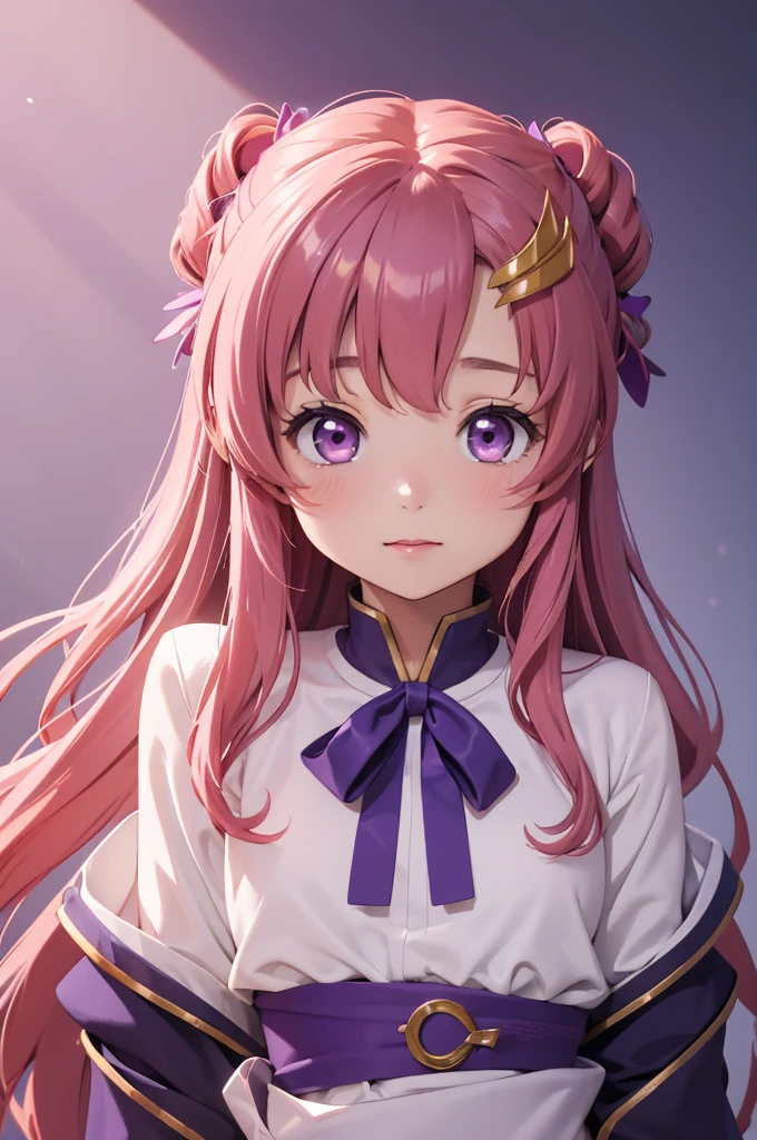 momoko suou (million live), 1 girl, Solo, 11 years old, Lori, , Cute Girl,Best Quality, Ultra-detailed, 8K, High resolution, lacus clyne, (purple eyes:1.1), hair ornament, long hair, wave hair ornament, pink hair,