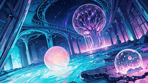 ooze out Sticky pink water,Fantasy,Symmetry,starry night,the dream lands,Round library,Large Crystal Tree,a lot of iridescence s...