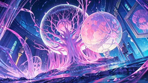 ooze out sticky pink water,fantasy,symmetry,starry night,the dream lands,round library,large crystal tree,a lot of iridescence s...