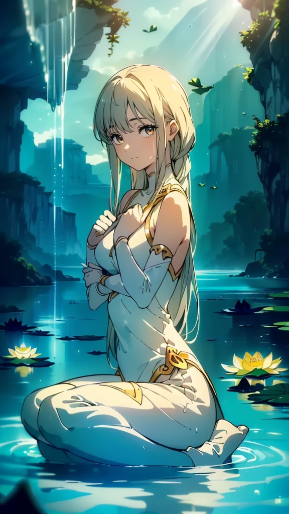 ((((Obra maestra, La mejor calidad, ultrahigh resolution)))) ((((High-res high-quality)), 1girl, smiling, sitting, (((lotus position, serene pose))), [minimal accessories]), water works, waves, ocean, sea, water effects, ((subtle water splash, gentle splashing), subtle yet detailed water, soft focus, natural light, outdoor, beach, sand, ((diffused sunlight))), high-waisted, flowing pants, elegant attire, contrast with blue water, ((soft focus on face))), 25 years old, relaxed posture, serene atmosphere, peaceful, ripple free water, ((no ripples))), gentle reflections, calm and peaceful, water's peace