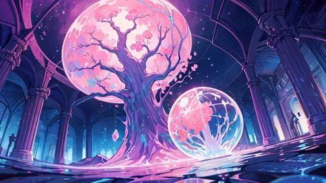 ooze out Sticky pink water,Fantasy,Symmetry,starry night,the dream lands,Round library,Large Crystal Tree,a lot of iridescence s...