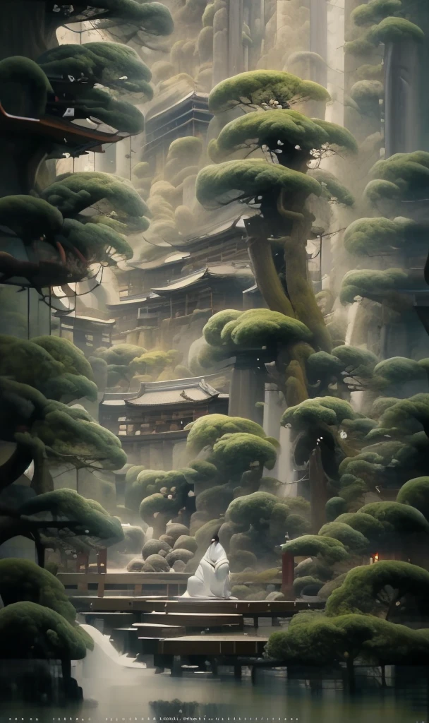 Painting in the style of oriental painting, matte painting style, Structured、Atmospheric landscape, Rich and immersive, Quietly meditate, Dark white and green, , inspired by zen, Massive，Rich in details, Dynamic, cinematic, amazing, actual lighting and shading, vivid, energetic, 8K,Octane Rendering, Unreal Engine, Very detailed, concept art, actual, Crying Engine, Wide angle lens 1 girl with long white hair(Upper Body:1.0) sakura trees
