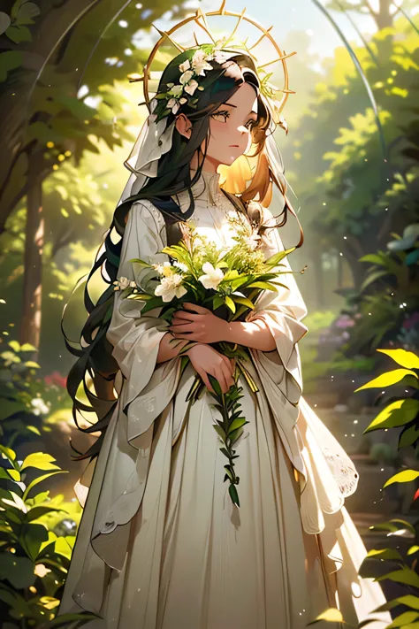 ((1girl verdant dress, verdant surroundings, garden layout, floral patterns)), long hair, ((dark green hair), separated strands,...