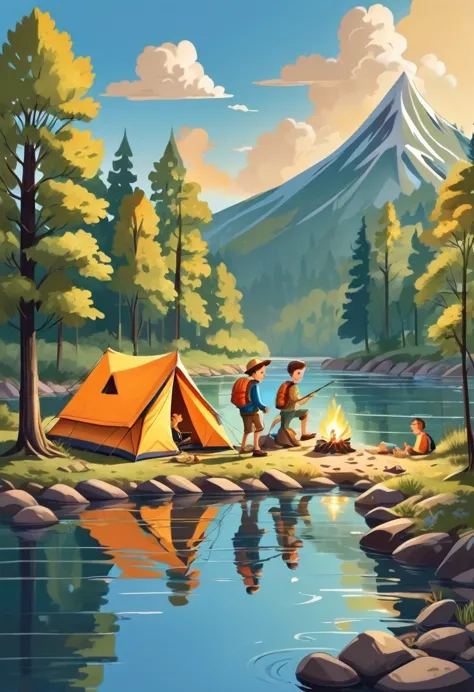 illustration for the book, a boy went camping with his friends in the forest, they put up tents, lit a fire, and fishing on the ...