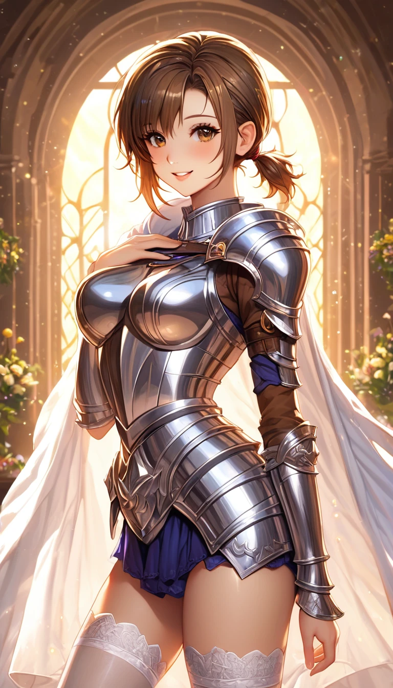 Asuna, Asuna_(Star), (1 Girl,Solitary) ,fantasy, high resolution, No.19,  The original, (Wear at waist:1.3), Smile, (White Knight Wizard Cape:1.5), short hair, Medium breasts, Looking at the audience, Bangs ,Delicate hazel eyes, Beautiful background, ((morning sun,Western-style private room)), Put your hands on your chest,(Brown hair,Short Ponytail:1.5), (Platinum Knight Wizard Fully Armored:1.55),short hair, permanent,straight on, Abeke,(whole body:1.1), White stockings,(Abeke:1.4),