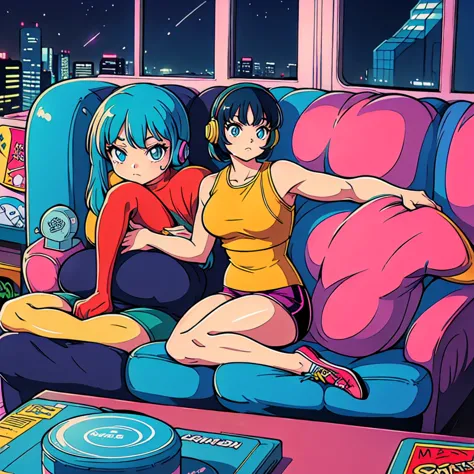 (masterpiece), Highest quality, Expressive eyes, Neon pastel aesthetics, Retro 90s, Neon color,((Girl sitting on sofa,In a cozy ...