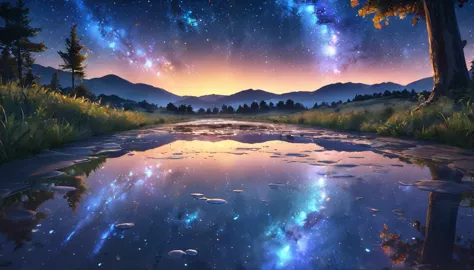 reflection of stars in puddle, anime, distant scene, (best quality,4k,8k,highres,masterpiece:1.2),ultra-detailed,(realistic,phot...