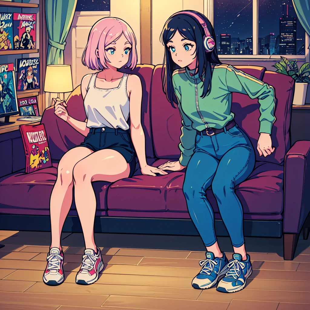 (masterpiece), Highest quality, Expressive eyes, Neon pastel aesthetics, Retro 90s, Neon color,((Girl sitting on sofa,In a cozy room,Records hanging on her wall, Comic books on the floor, Looking out the window behind her at the night city, Upholstered room, Anime figures lined up on a shelf)), Wearing headphones, (All around her it sparkles), (wearing thick colorful sneakers), (blue eyes), (Soft look), (Synthwave Art Style), Colorful Hair, Desk with PC set up