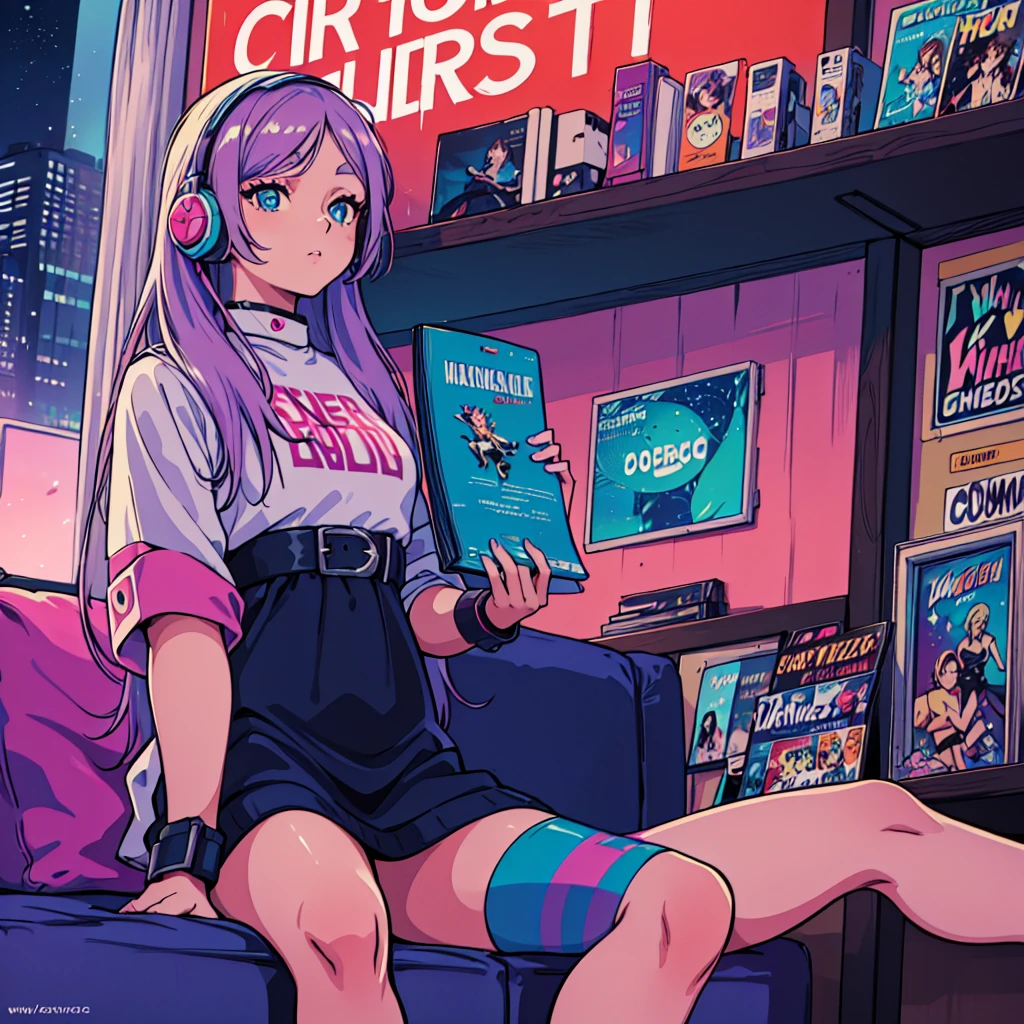 (masterpiece), Highest quality, Expressive eyes, Neon pastel aesthetics, Retro 90s, Neon color,((Girl sitting on sofa,In a cozy room,Records hanging on her wall, Comic books on the floor, Looking out the window behind her at the night city, Upholstered room, Anime figures lined up on a shelf)), Wearing headphones, (All around her it sparkles), (wearing thick colorful sneakers), (blue eyes), (Soft look), (Synthwave Art Style), Colorful Hair, Desk with PC set up