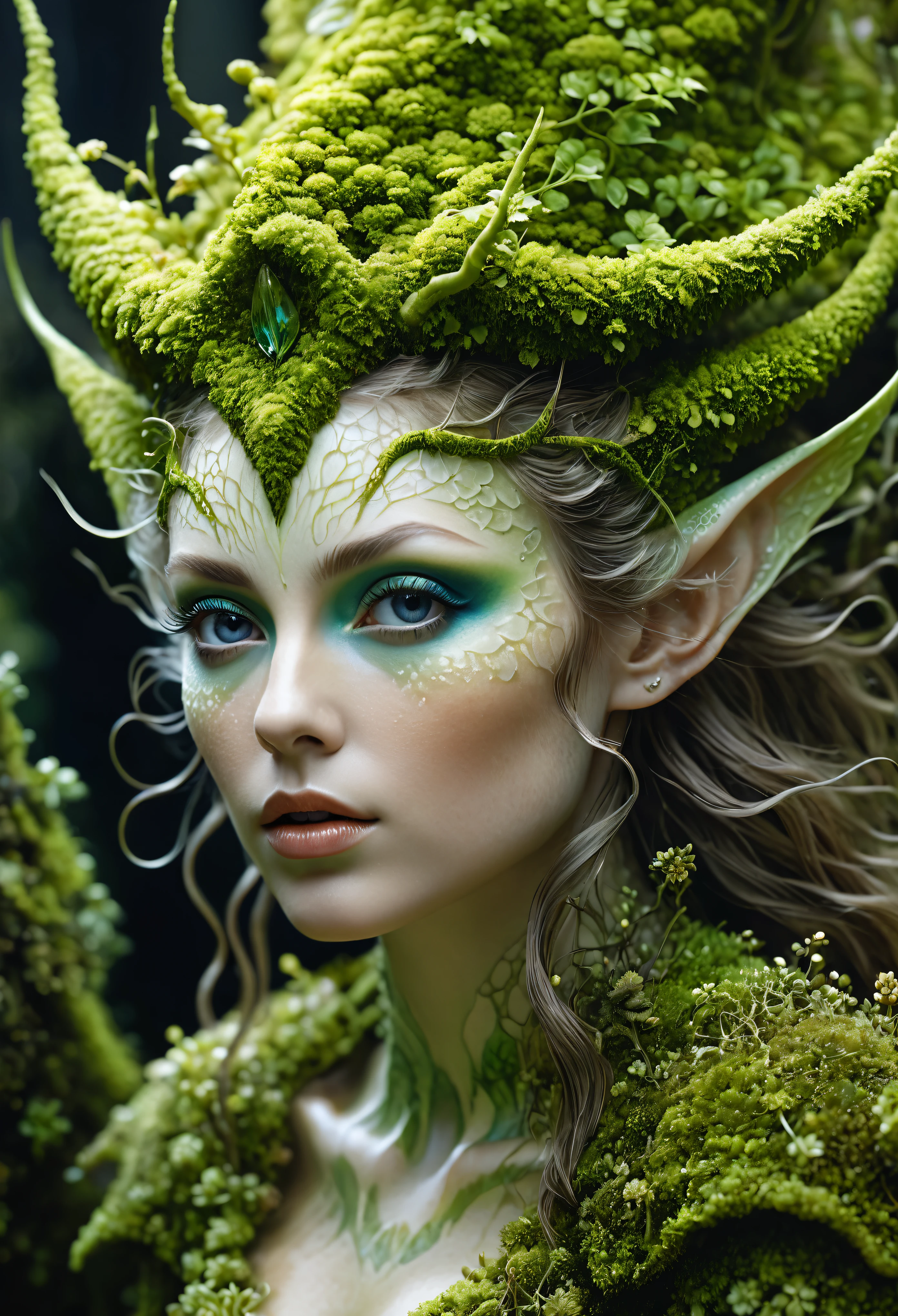 Closeup of a Surreal moss Elf with pointy ears in the styles of Ernst Haeckel, Arthur Rackham, Roger Dean, Jeff Wall, by Wolfgang Tillmans, Brooke Shaden $etching drawing illustration$ resin
detailed matte painting, deep color, fantastical, intricate detail, splash screen, complementary colors, fantasy concept art, 8k resolution trending on Artstation Unreal Engine 5, ethereal beauty, stunning beauty, 