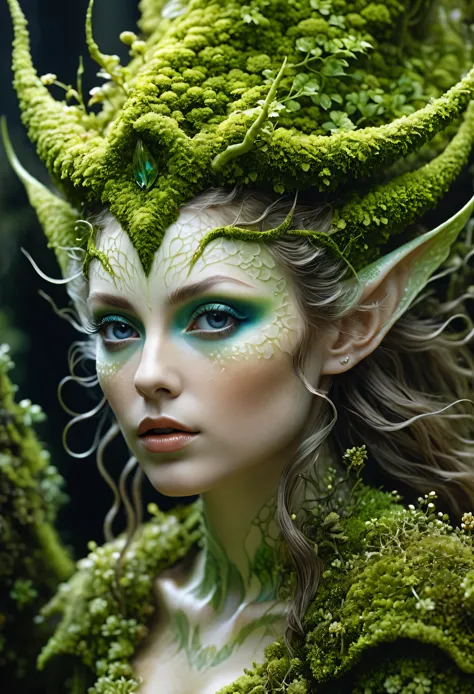 Closeup of a Surreal moss Elf with pointy ears in the styles of Ernst Haeckel, Arthur Rackham, Roger Dean, Jeff Wall, by Wolfgan...