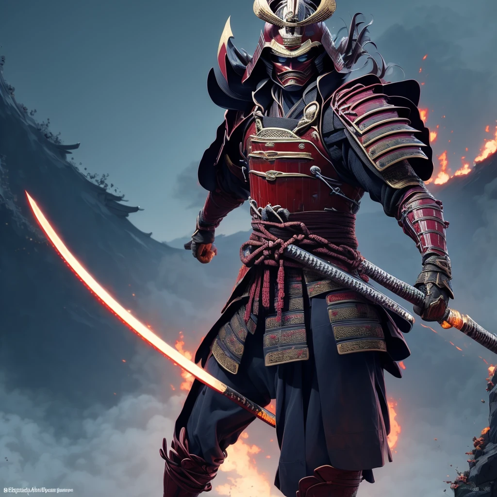 super fine illustration, best quality, powerful warrior, fierce expression, traditional Japanese armor, holding katana, dynamic pose, battlefield background, detailed armor, intense action, swirling dust, vibrant colors, dramatic lighting, epic battle scene, ancient Japan, heroic theme