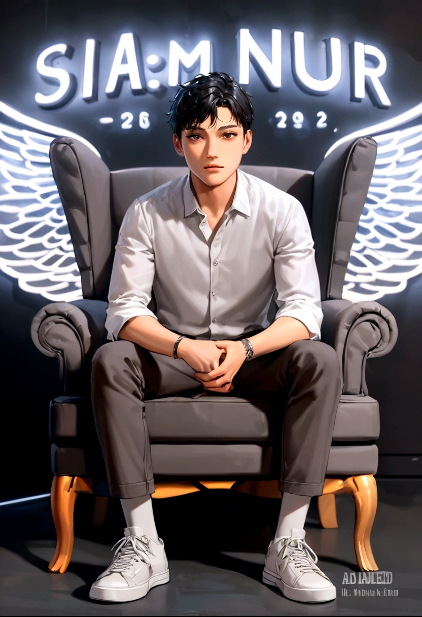 arafed man sitting in a chair with a wing on his arm, young wan angel, sitting on his throne, siwoo kim, inspired by Adam Dario Keel, inspired by Kim Hwan-gi, inspired by John Luke, handsome man, handsome stunning realistic, inspired by Max Dauthendey, ayan nag, sat in his throne, official fanart