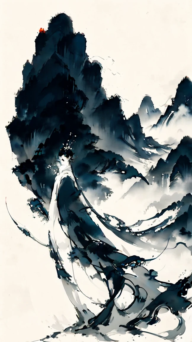 Artistic ink painting，Three-dimensional ink painting，Minimalism，Minimalist graphics，Minimal Art，Clean background，古韵White Space，White Space，大面积White Space，Texture Matte，Low saturation，Minimalist composition，Master composition。Mountain，A person far away