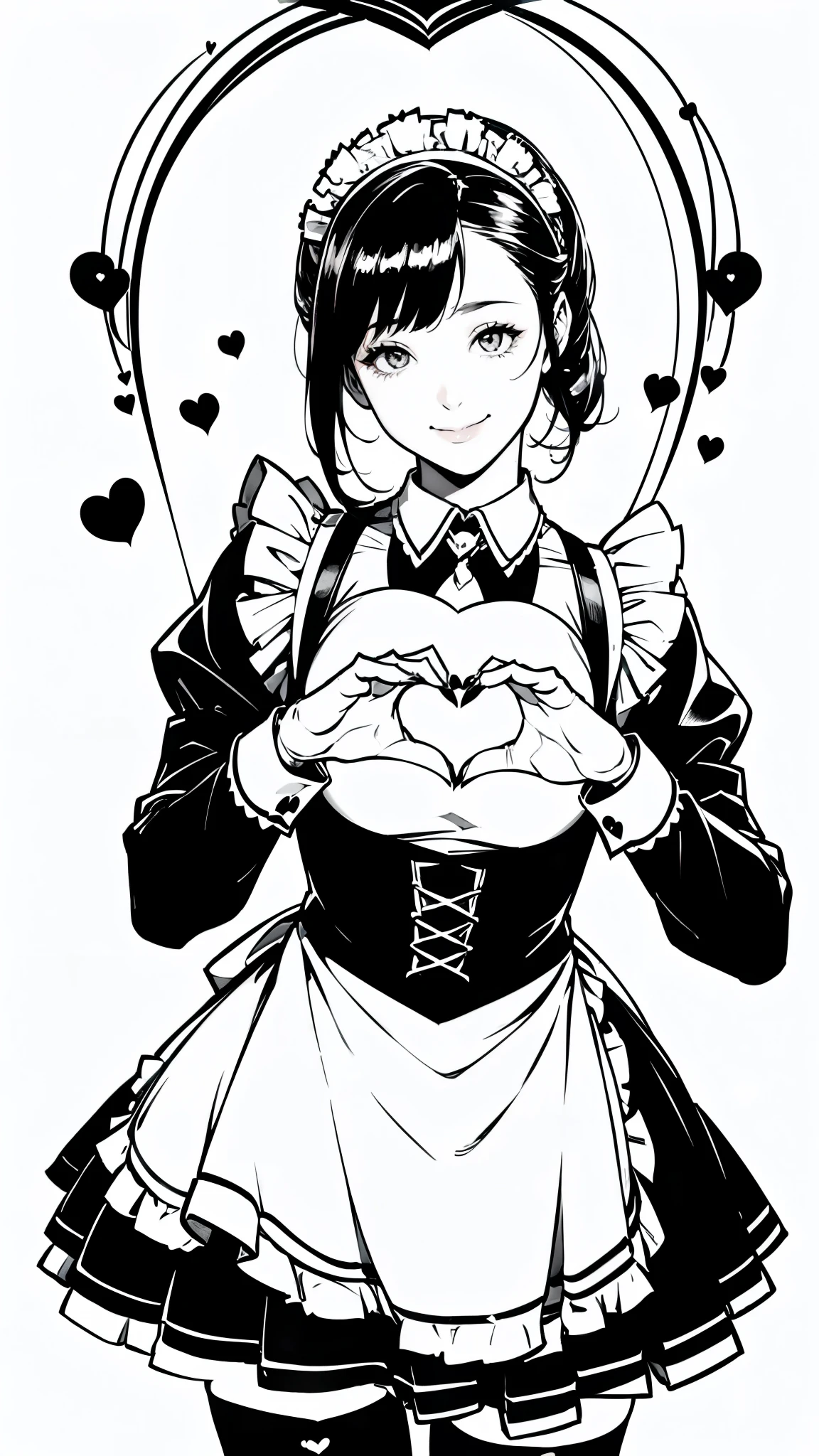 (masterpiece:1.2, Highest quality),(Line art),(Monochrome),(Very detailed),8K,wallpaper,1 female,Cute face,smile,((Maid in a maid café)),((betterhand)),Random hairstyle,Random pose,Beautiful female hands,((lineart, monochrome)),BREAK(((maid cafe))),(((heart hands))),((a girl in gothic costume standing))
