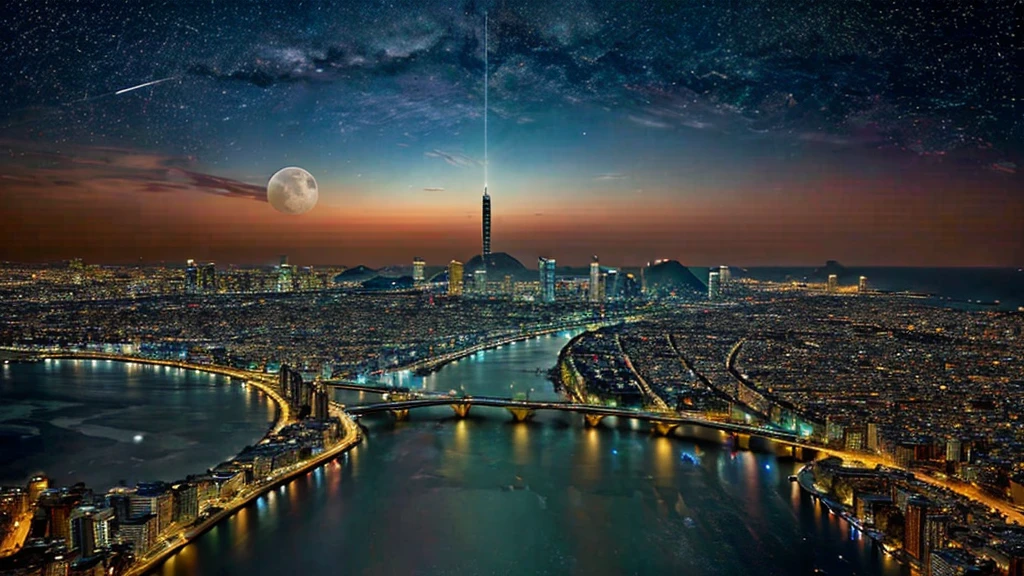 Erstellen Sie ein hochauflösendes Bild für einen Hintergrund, der den Mond enthält, Matrix-Landschaften und Traumlandschaften,Nacht Sterne Himmel, große Stadt.