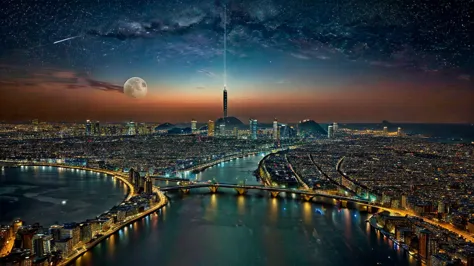 create a high resolution image for a background that contains moon, matrix scaping and dreamscapes,night star skies, big city.
