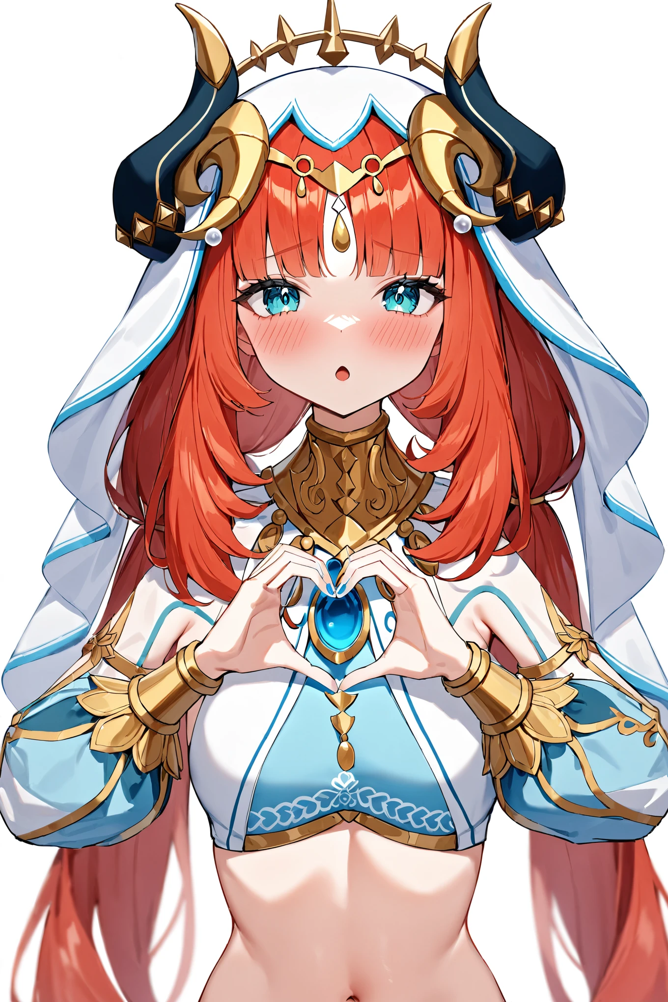 masterpiece,best quality,very aesthetic,absurdres,
nilou \(genshin impact\), 1girl, fake horns, solo, long hair, heart, heart hands, red hair, looking at viewer, white veil, crop top, navel, puffy long sleeves, white background, jewelry, blush, twintails, simple background, brooch, nail polish, low twintails, neck ring, harem outfit, stomach, blue nails, aqua eyes, upper body, detached sleeves, circlet, open mouth, midriff, parted bangs, gold trim, bracer, white headwear