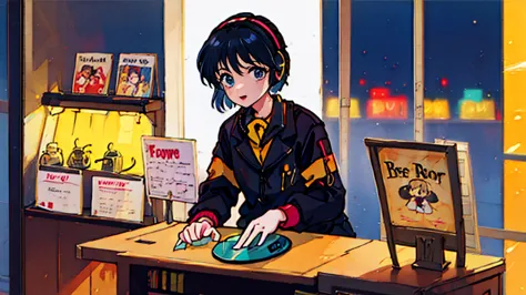 black short hair, night, black jacket, one woman, record shop, headphones