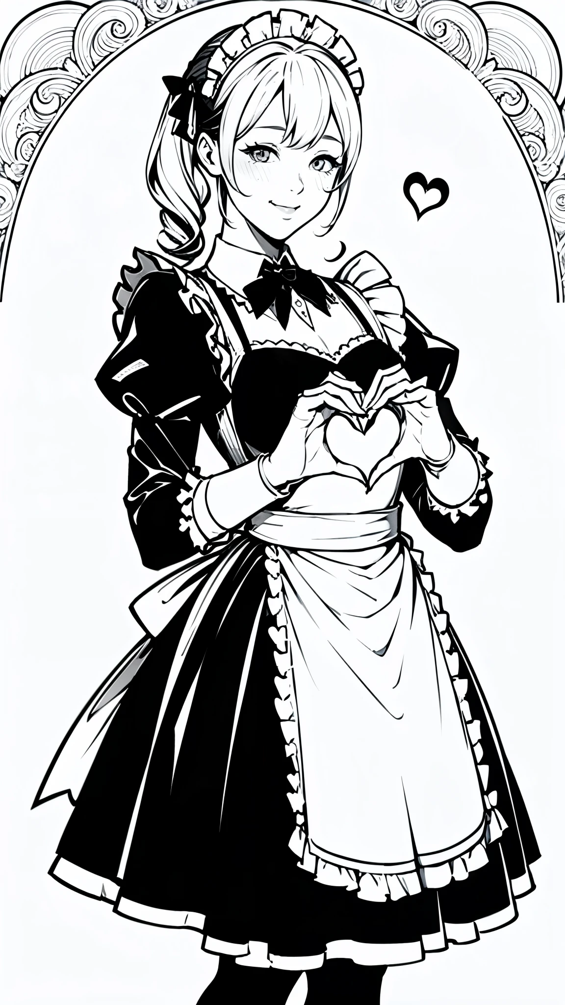 (masterpiece:1.2, Highest quality),(Line art),(Monochrome),(Very detailed),8K,wallpaper,1 female,Cute face,smile,((Maid in a maid café)),((betterhand)),Random hairstyle,Random pose,Beautiful female hands,((lineart, monochrome)),BREAK(((maid cafe))),(((heart hands))),((a girl in gothic costume standing))