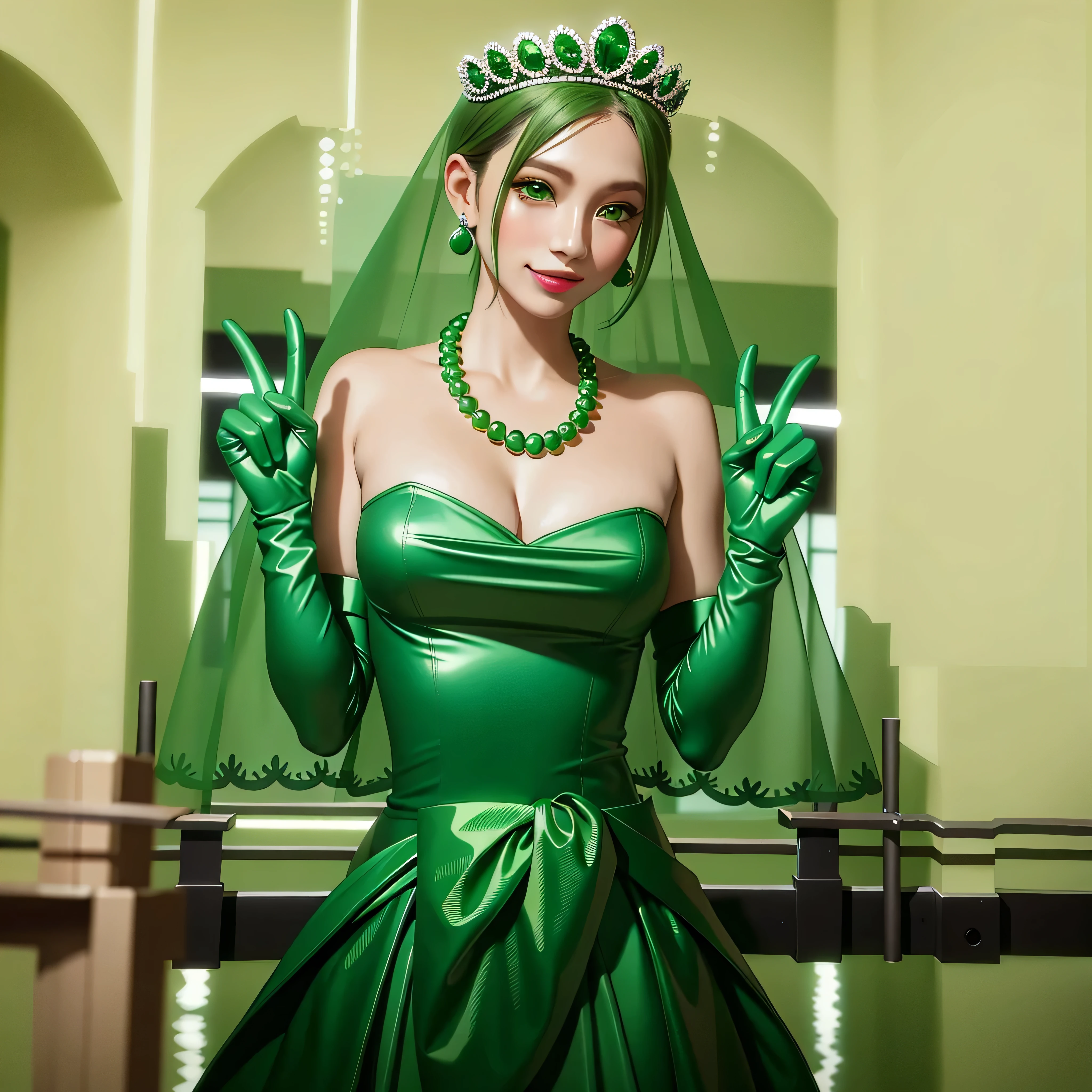 Emerald tiara, Green Pearl Necklace, Boyish very short green hair, Green Lips, Smiling Japanese woman, Very short hair, Busty beautiful lady, Green Eyes, Green satin long gloves, Green Eyes, Emerald Earrings, Green veil, V sign, Green Hair, Beautiful Japanese Woman, green lip gloss