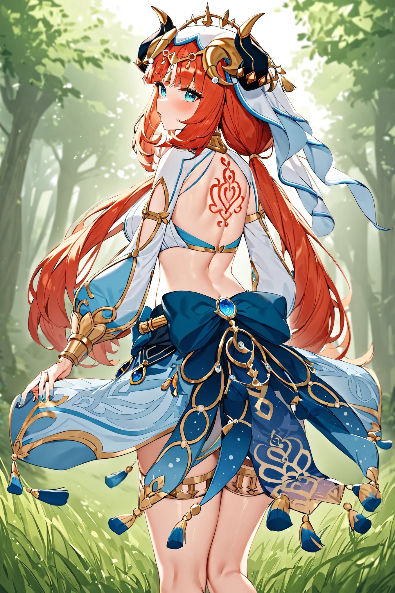 masterpiece,best quality,very aesthetic,absurdres,
,nilou \(genshin impact\),1girl,veil,breasts,low twintails,nail polish,puffy long sleeves,jewelry,crop top,brooch,fake horns,gold trim,blue skirt,neck ruff,backless outfit,bare legs,headwear,tassel,forehead jewel,leg garter,gem,hair ornament,horned headwear,aqua eyes,from behind,tattoo,back tattoo,looking back,
outdoors,standing,