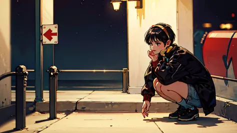 black short hair, night, black jacket, one woman, squatting on a street corner, headphones