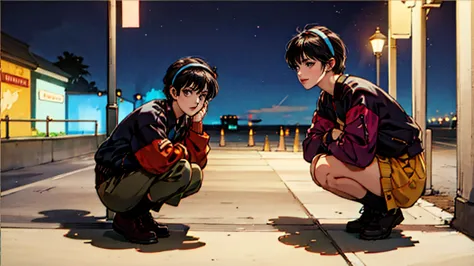 black short hair, night, black jacket, one woman, squatting on a street corner, headphones