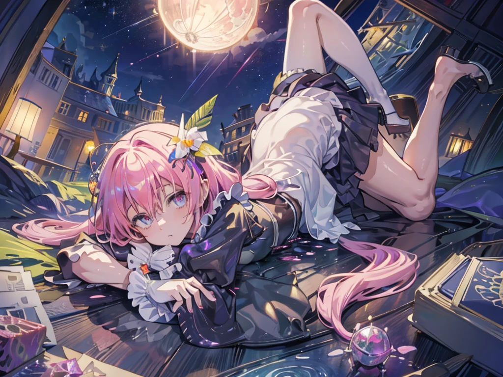 ooze out Sticky pink water,maid outfit succbus girl,Fantasy,Symmetry,starry night,the dream lands,Round library,Large Crystal Tree,a lot of iridescence sphere,celtic,Dark,Night,deserted palace,moon,shoot from below