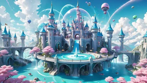 3D render of an adorable cartoon castle with water slides, puffy clouds and pastel colors, in the style of pop mart, pink and bl...