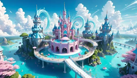 3D render of an adorable cartoon castle with water slides, puffy clouds and pastel colors, in the style of pop mart, pink and bl...