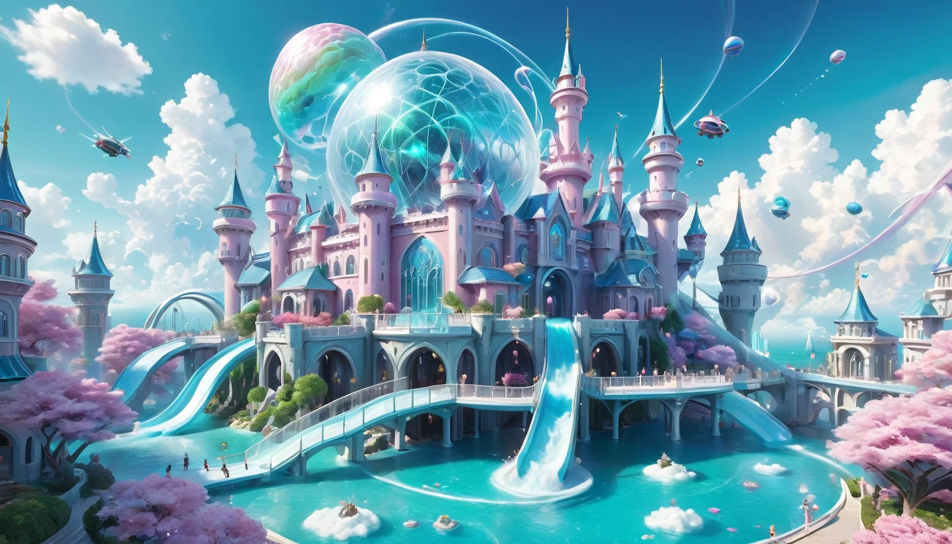 3D render of an adorable cartoon castle with water slides, puffy clouds and pastel colors, in the style of pop mart, pink and blue color scheme, sky background, hyper realistic, detailed, octane rendering, studio lighting, fantasy. --s 750 --niji 6--ar 3:4,A futuristic city with flying cars and holographic displays, connected by spiral bridges over an ethereal ocean. The sky is a clear blue, and the buildings have metallic textures. In one corner of the scene, there is a large floating structure resembling the torus symbol, glowing in shades of a white to light blue gradient. A drone flies above it, capturing its majestic presence against the backdrop of thedlistant planet. --s 750 --v 6.0