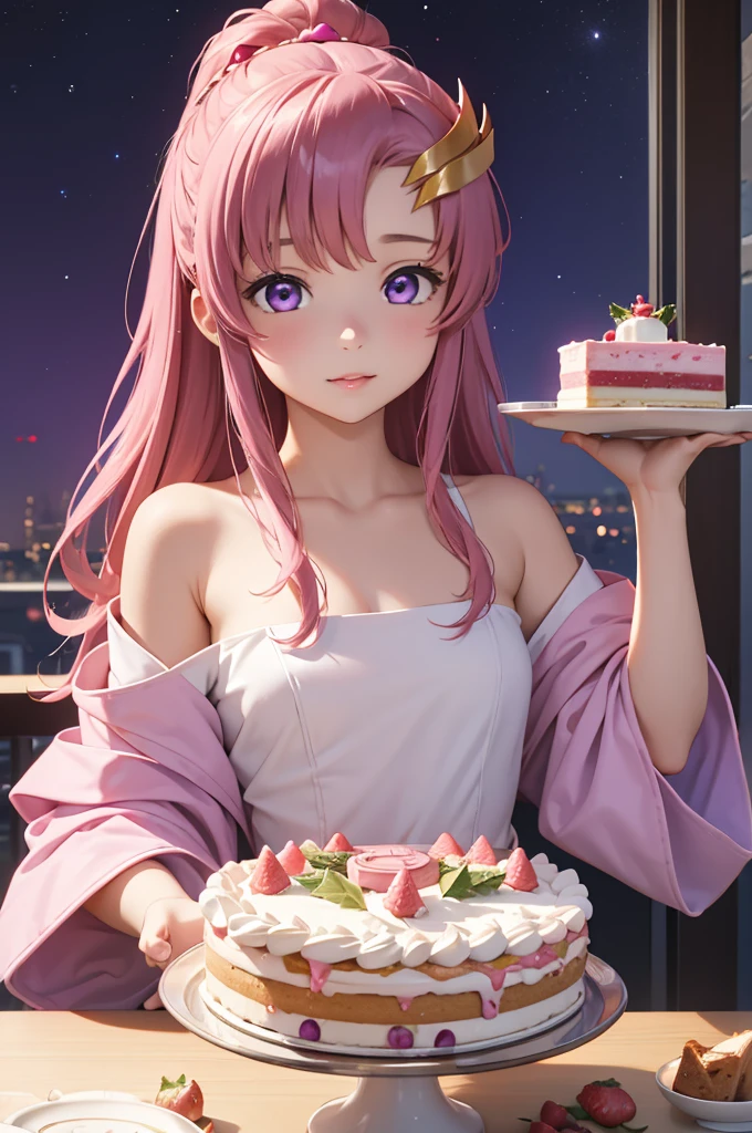 1 girl, Solo, 11 years old, Lori, , Cute Girl,Best Quality, Ultra-detailed, 8K, High resolution,
 lacus clyne, (purple eyes:1.1), hair ornament, long hair, wave hair ornament, pink hair,
tea time、Delicious Birthday Cake、Christmas whole chicken、Off the shoulder