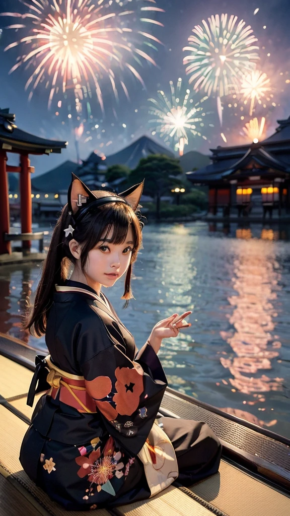 (japonés inactivo:1.6), (orejas de gato:1.3), yukata, (fuegos artificiales:1.4), Sentado en la orilla del mar al atardecer,