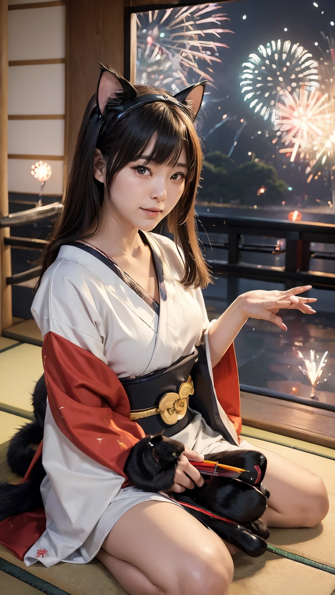 (Japanese idle:1.6), (Cat ears:1.3), yukata, (Fireworks:1.4), Sitting in sunset seashore,