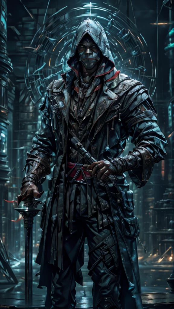 익명의 마스크를 쓴 영웅의 고품질 초상화, 양손으로 앞에 칼을 들고, 큰 근육, 암살자의 신조 옷을 사용하여.