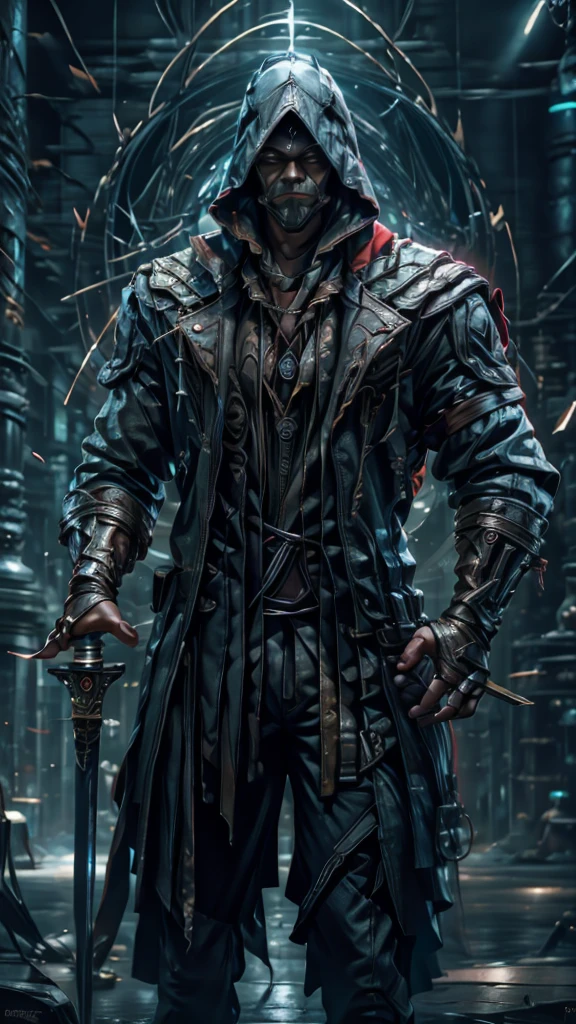 익명의 마스크를 쓴 영웅의 고품질 초상화, 양손으로 앞에 칼을 들고, 큰 근육, 암살자의 신조 옷을 사용하여.