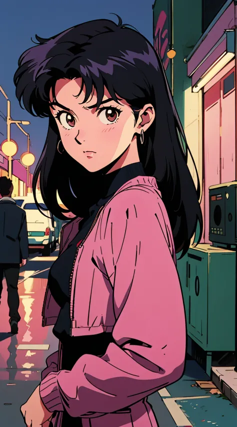 highest image quality, 90s style anime, 24 year old girl, misato katsuragi style, black hair, shoulder-length hair, brown eyes, ...