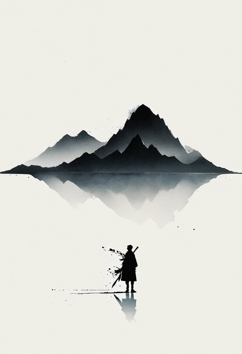 Artistic ink painting，Three-dimensional ink painting，Minimalism，Minimalist graphics，Minimal Art，Clean background，古韵White Space，White Space，大面积White Space，Texture Matte，Low saturation，Minimalist composition，Master composition。Mountain，A person far away