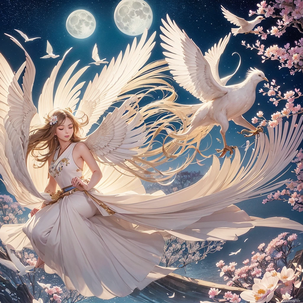 très belle illustration, Qualité supérieure, fleurs en floraison, oiseaux gracieux, petite brise, pleine lune, Nuit tranquille, pétales détaillés, oiseaux qui s&#39;envolent, vent qui coule, ciel au clair de lune, couleurs vives, paysage serein, nature harmonieuse, Détails complexes, composition équilibrée, style élégant, beauté naturelle, éléments traditionnels japonais