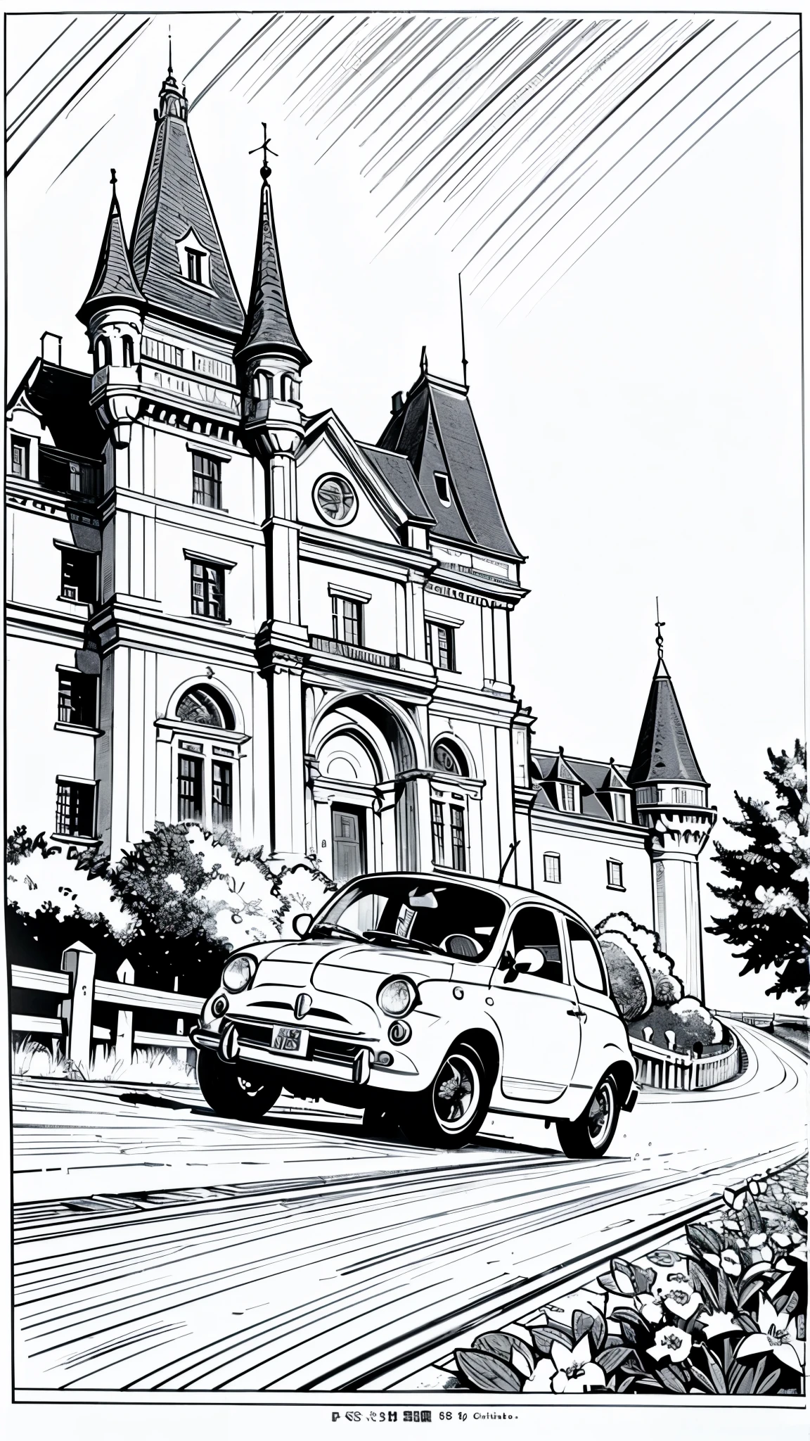 (masterpiece:1.2, Highest quality),(Line art),(Monochrome),(Very detailed),8K,wallpaper,Fiat 500,Castle of Cagliostro