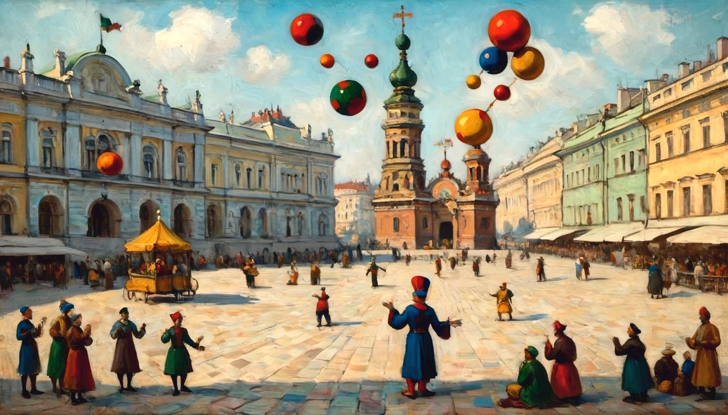 Peinture à l&#39;huile sur toile de l&#39;artiste Vasily Kandinsky, ((bouffon-jongleur)) sur la Place du Palais de St. Saint-Pétersbourg, Le bouffon (jonglerie):1.5 boules multicolores, multi-colored balls rotate around Le bouffon, respect total du style de Vasily Kandinsky