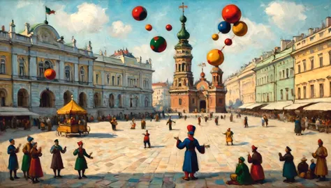 Oil painting on canvas by the artist Vasily Kandinsky, ((jester-juggler)) on the Palace Square of St. Petersburg, the jester (ju...