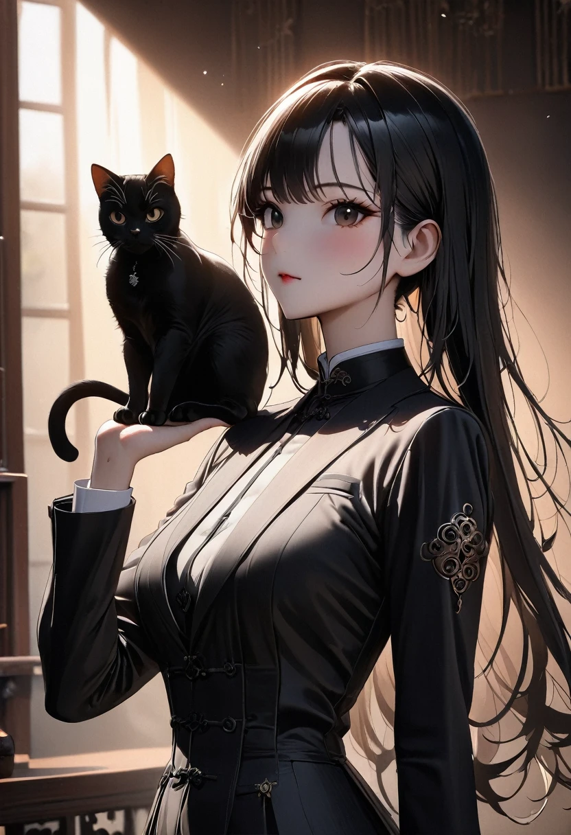 (best quality,4k,8K,high resolution,masterpiece:1.2),Very detailed,(Practical,photoPractical,photo-Practical:1.37),Chinese tailored suits and dresses,Gangsta Girl,Backlight,Deep Shadows,Cat silhouette light,Dominant cat perched on shoulder,Simple and elegant dress,Attractive suit designs,Simple style,Black and White，Tai Chi，Yin Yang style，ink splash style background.