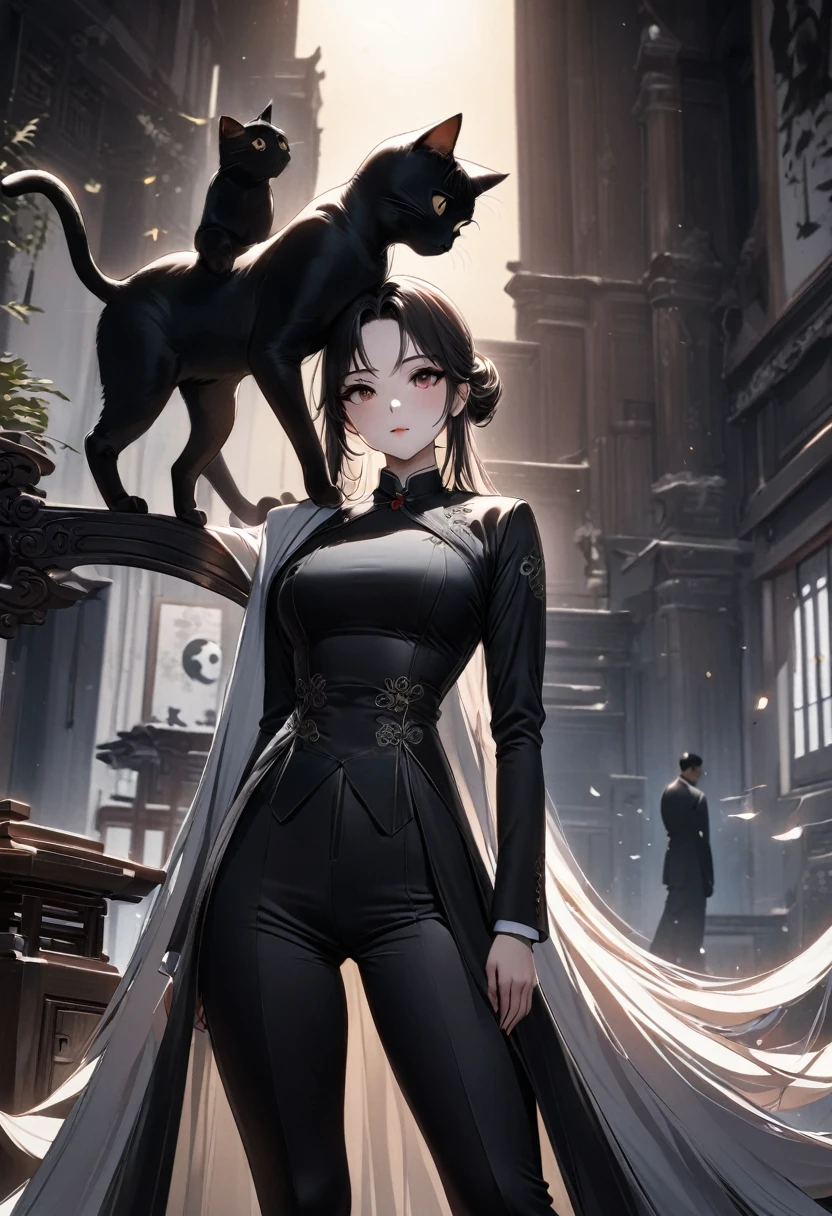 (best quality,4k,8K,high resolution,masterpiece:1.2),Very detailed,(Practical,photoPractical,photo-Practical:1.37),Chinese tailored suits and dresses,Gangsta Girl,Backlight,Deep Shadows,Cat silhouette light,Dominant cat perched on shoulder,Simple and elegant dress,Attractive suit designs,Simple style,Black and White，Tai Chi，Yin Yang style，ink splash style background.